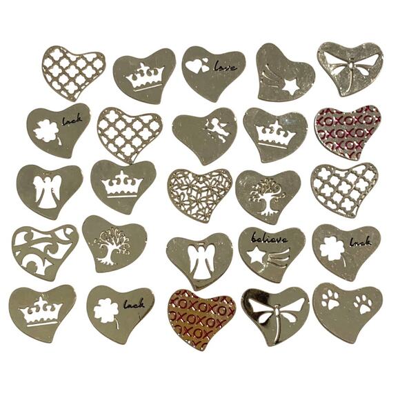 New Bulk Lot of 25 Floating Locket Jewelry Plates 22mm Themed Silver Hearts - Picture 4 of 6
